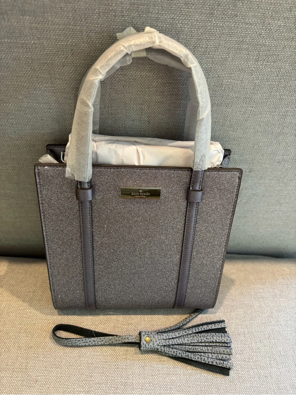 Kate Spade Kenzie Gray Glitter Tote Bag with Tassel
